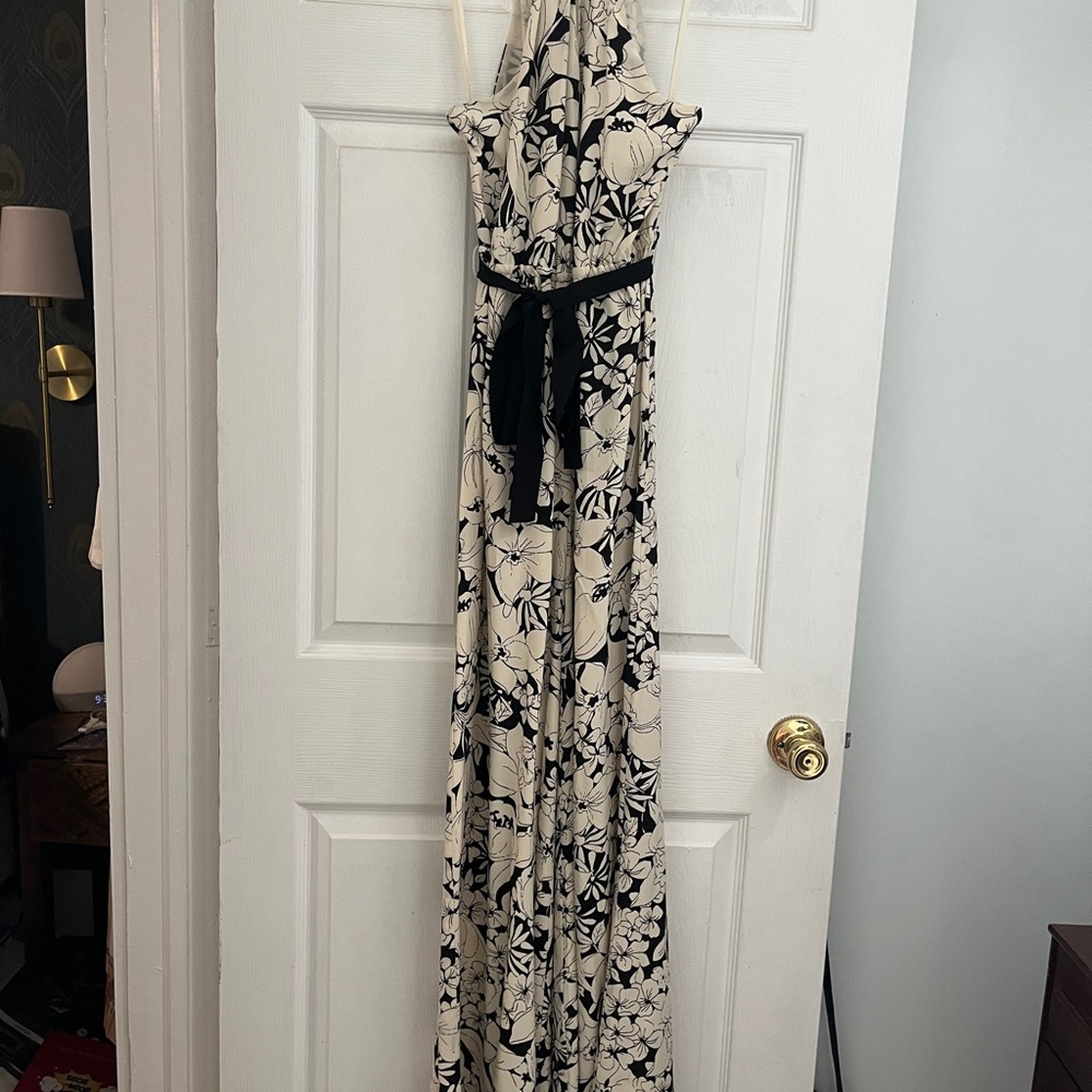 Anthropologie LILIUM SILK Black and Cream Floral Wide Leg Jumpsuit